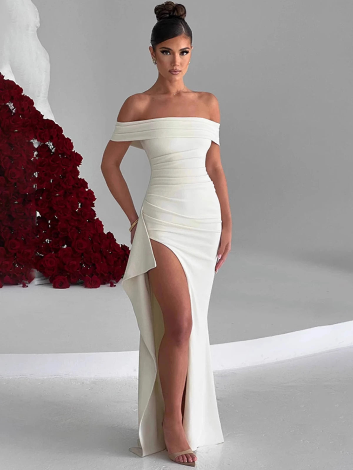 Elegant Evening Dress, Solid Color, Off-Shoulder, Women's Sexy High-Waisted Side-Slit Long Dress, Formal Maxi Ladies' Party Evening Dress