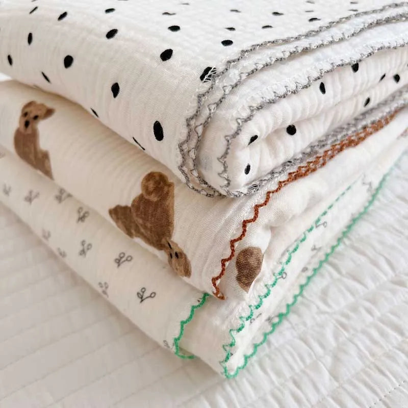 2-3 Layers Baby Blankets Bear Dots Print Cotton Gauze Muslin Swaddle Wrap Newborn Infant Bedding Sleeping Receving Blanket
