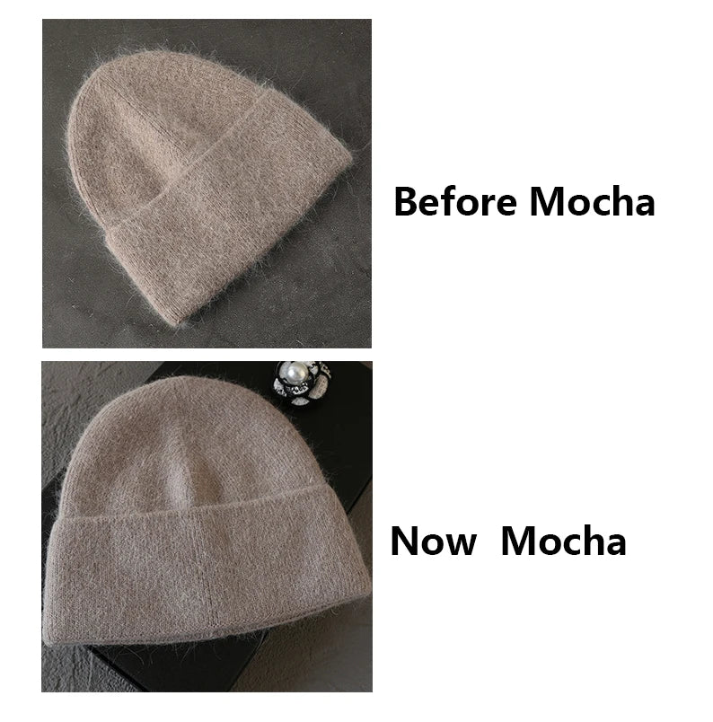 2024 Angora Winter Hat For Womens Rabbit Fur Fluffy Knitted Beanies Hat  Bonnet Female Soft  Warm SKI Skullies  Beanies