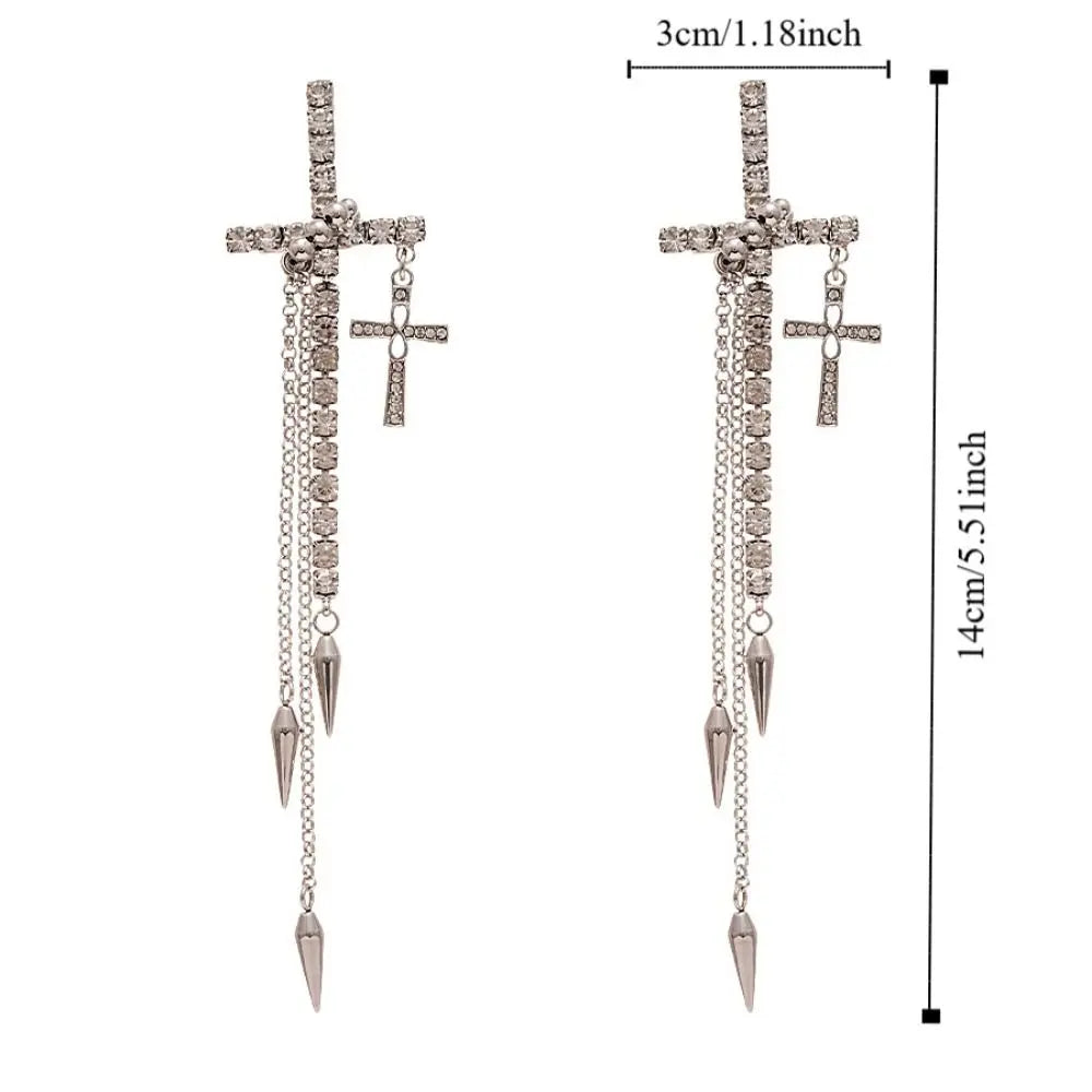 Inlaid Rhinestones Cross Earrings Exquisite Fashion Long Tassels Dangle Earrings Exaggerate Temperament Ear Stud Bridal
