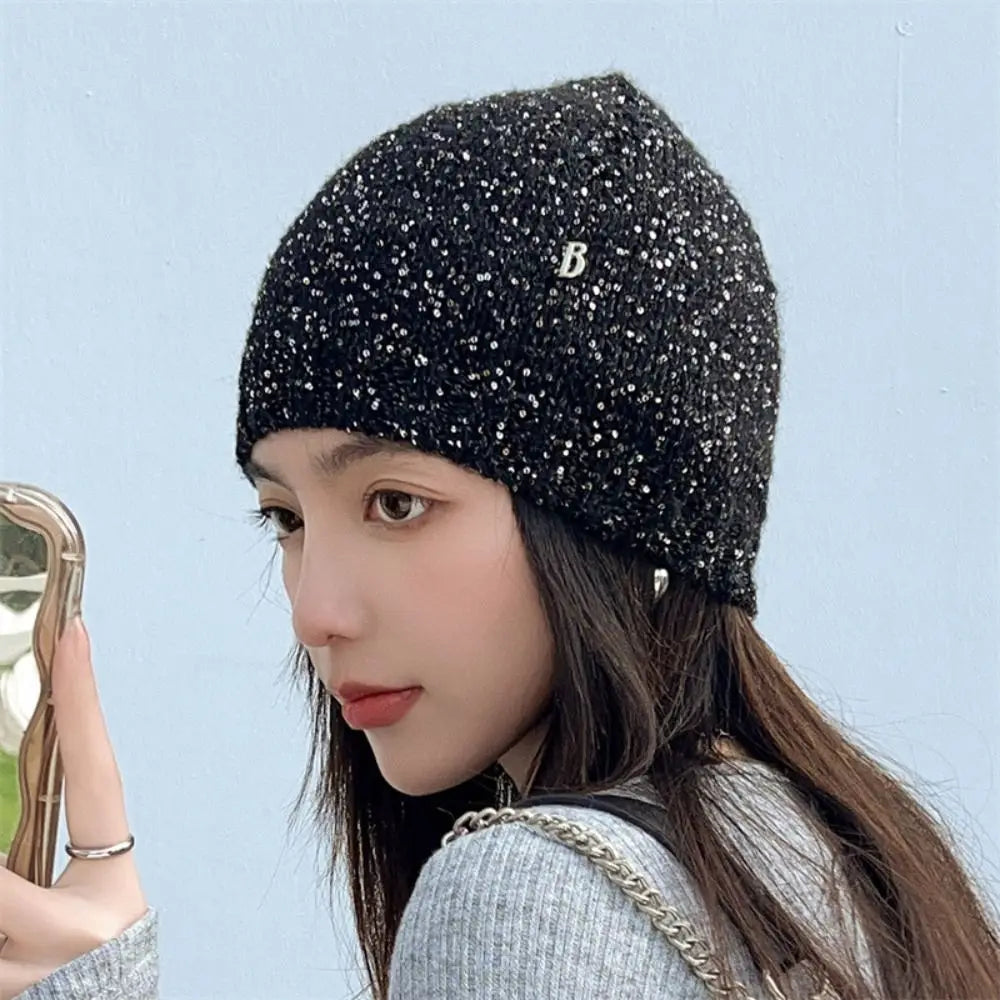 Cute Bow Bowknot Beanies Hat Warm Cap Black Sequin Knitted Hat Beanies Jennie Style Knit Cap Autumn