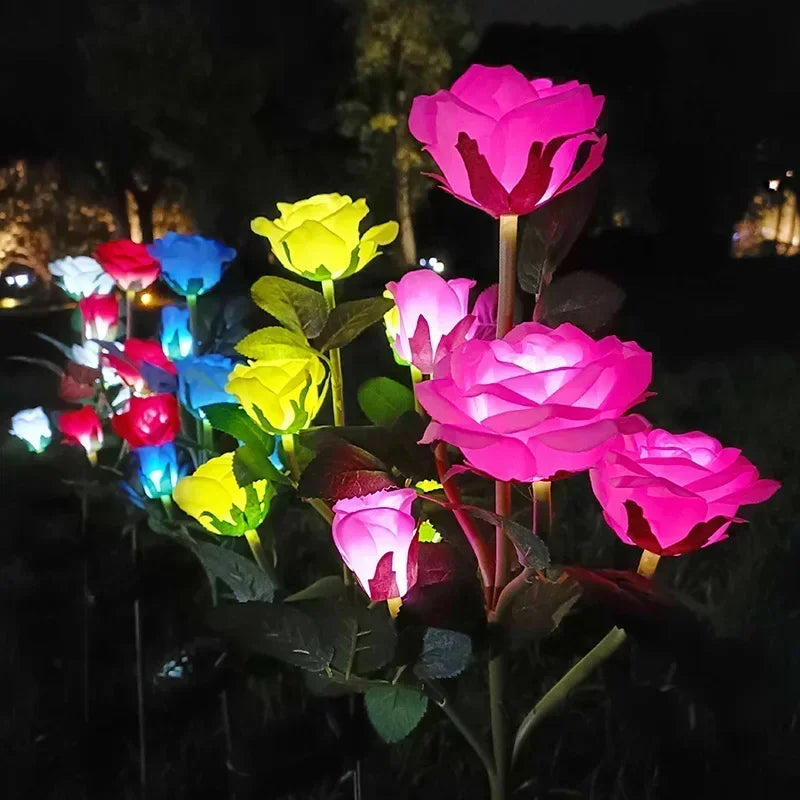 Garden Ground Light Solar Lawn Lamp LED Artificial 5 Head Rose Flower Holiday Summer Wedding Party Outdoor Yard Patio Decoration