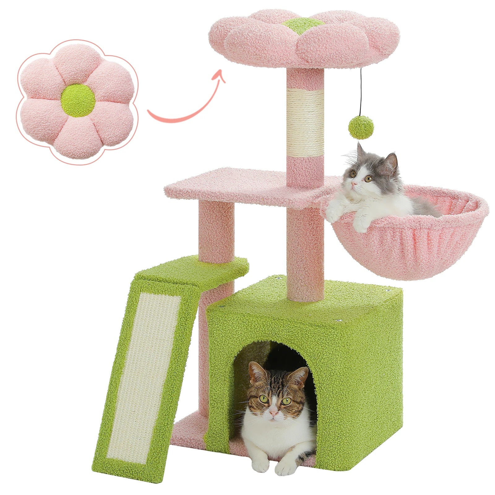 Flower Cat Tree for Indoor Small Cat Tower with Sisal Scratching Ramp Cozy Hammock and Removable Top Perch Cat Condo Kittens Toy