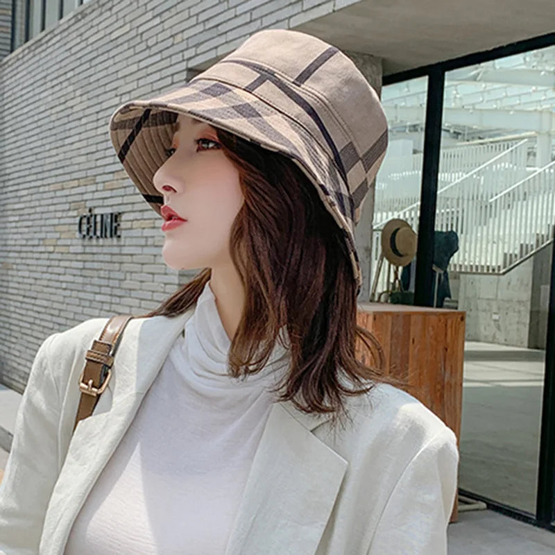 2025 New Fisherman Hats for Women Casual Shade Sun Hat Checked Suede Fabric Basin Hat Casual Folding Warm Hats Bucket Hat Women