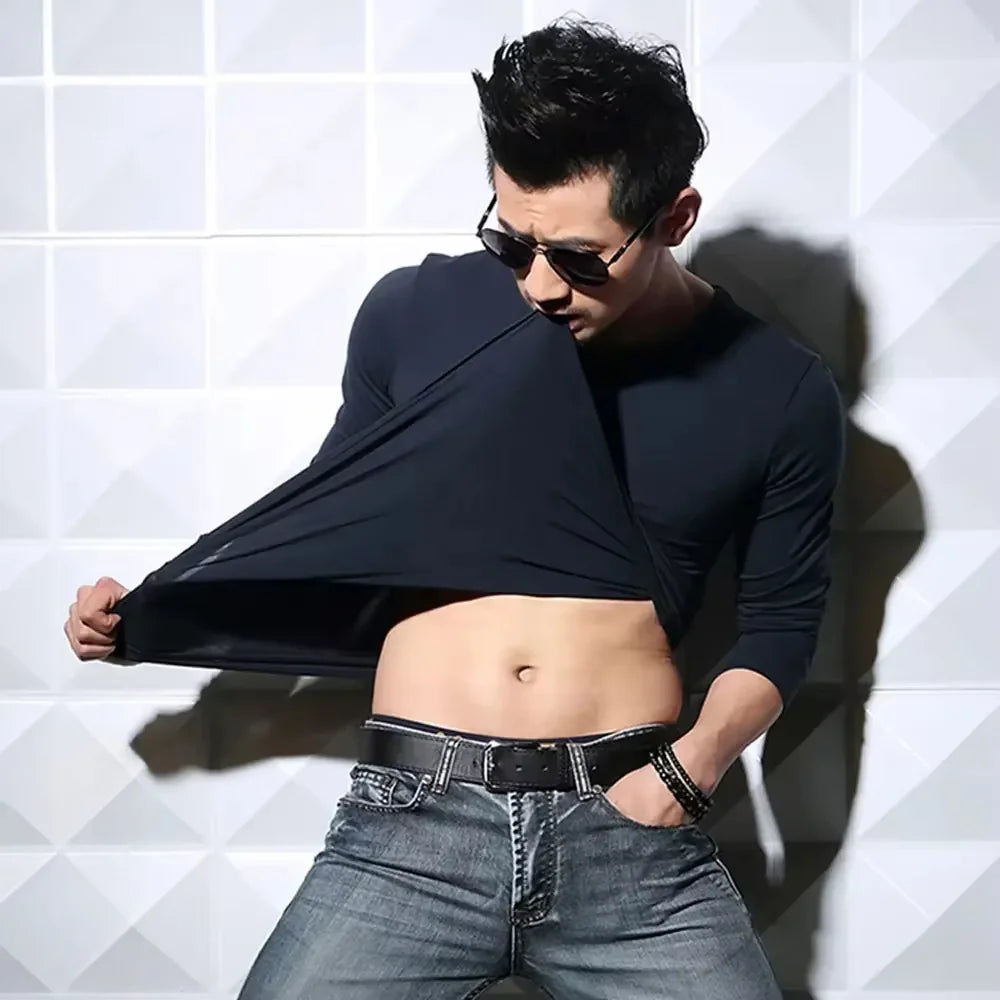 Men's T-Shirts Long Sleeve V Neck T Shirt 2025 MRMT Men Polyester T-Shirt Solid Color Slim Tight Man T Shirt For Male