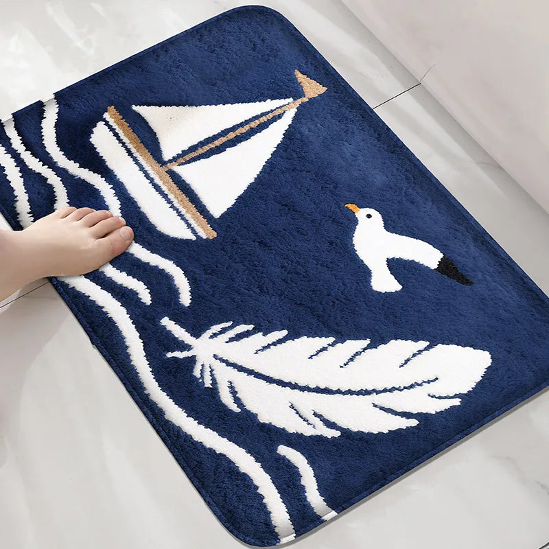 Blue sailboat shower room, small carpet, toilet, absorbent floor mat, home decoration mat, bathroom door mat, machine washable