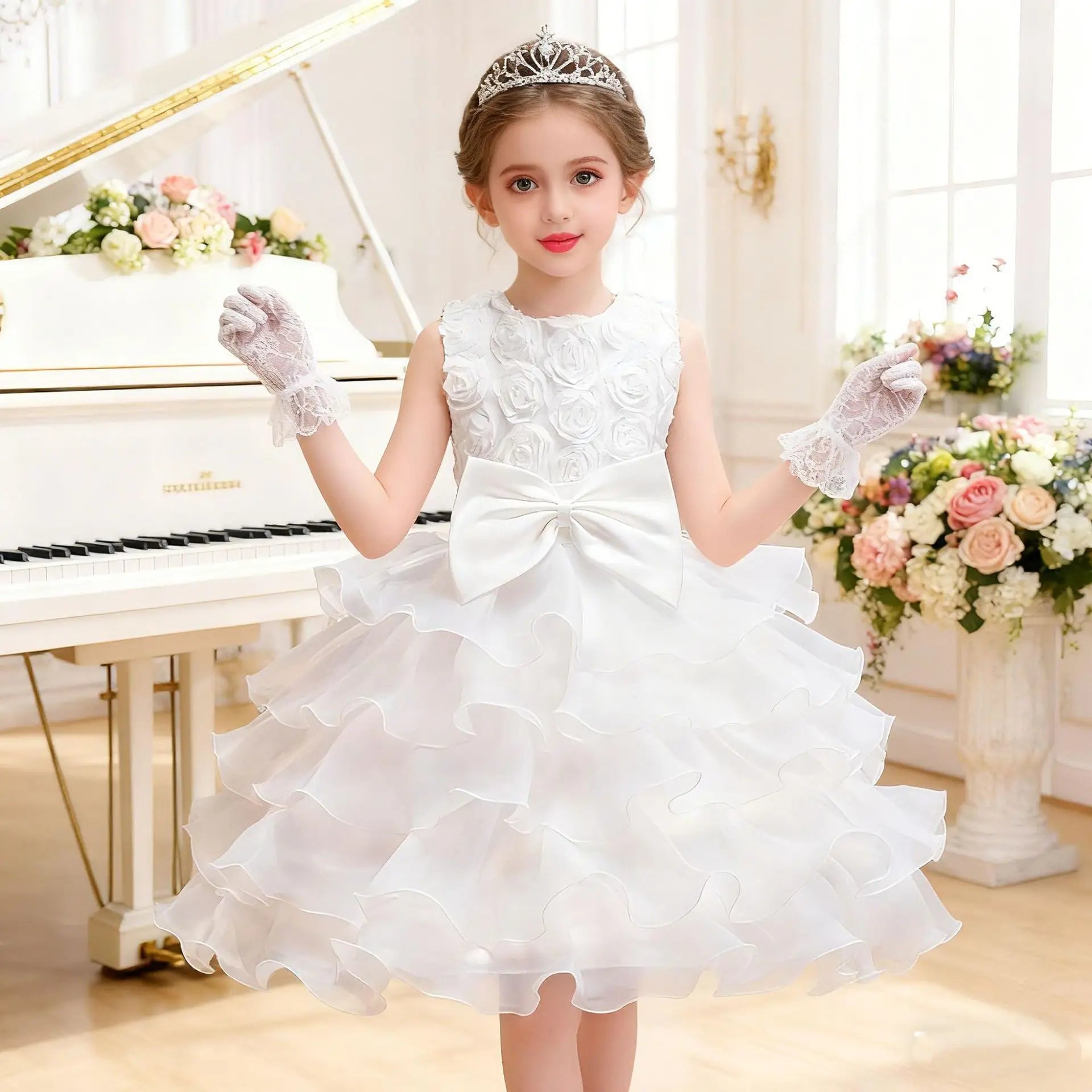 Elegant Dress For Girls Sleeveless Flower Ruffles Gown For Kids Wedding Prom Bridesmaid Birthday Party First Communion Dress