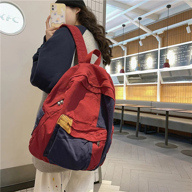 Fashion Panelled Women Backpack Canvas Kawaii Girl Travel Book Bags College Lady Laptop Backpacks Cute Travel Rucksack Schoolbag