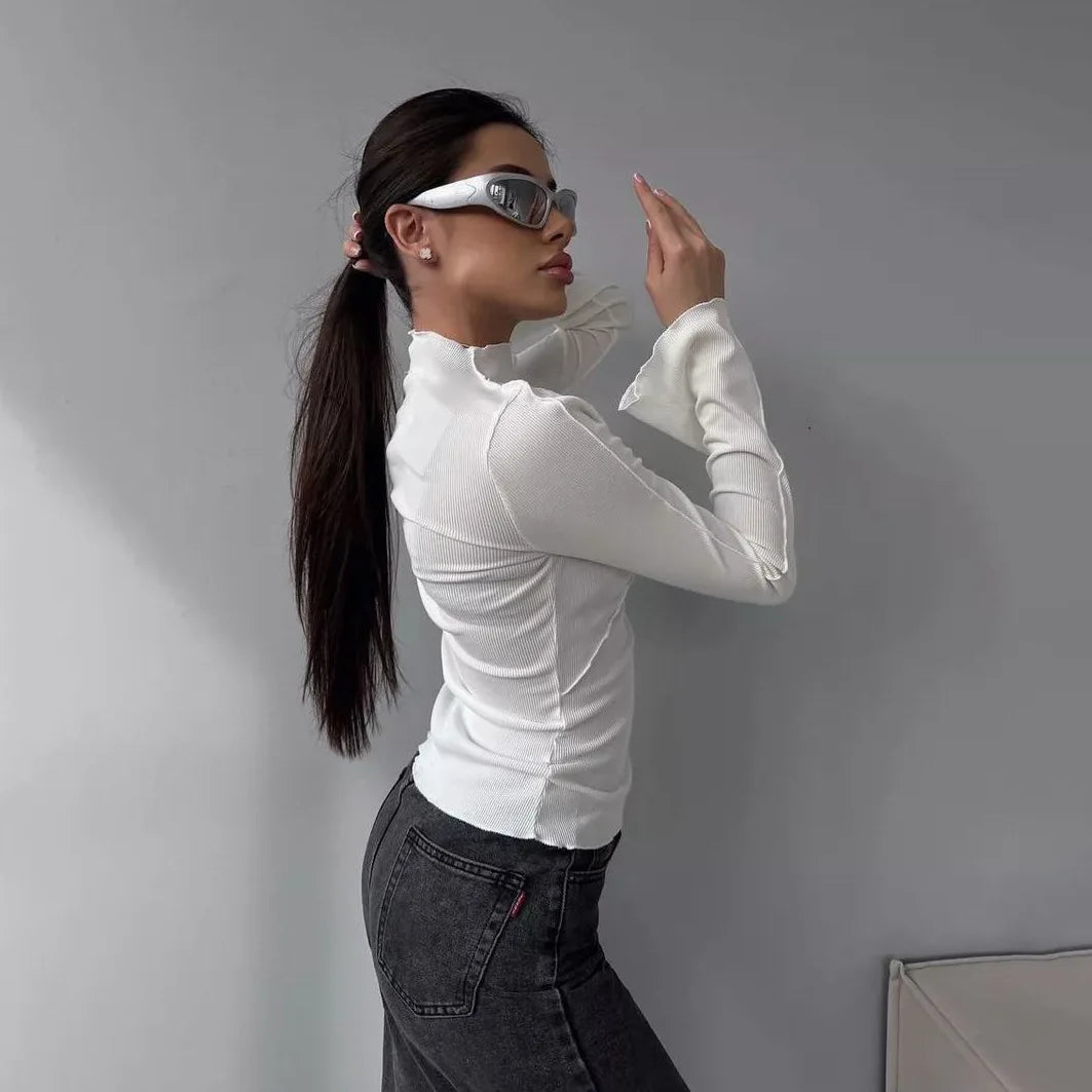 Long Sleeve T-shirts Women Round Neck Line Irregular Hem Knitted Flared Sleeves Autumn Bottoming Tee Chic Fashion Sexy Solid New