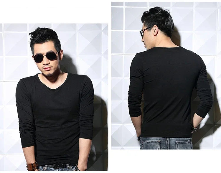Men's T-Shirts Long Sleeve V Neck T Shirt 2025 MRMT Men Polyester T-Shirt Solid Color Slim Tight Man T Shirt For Male