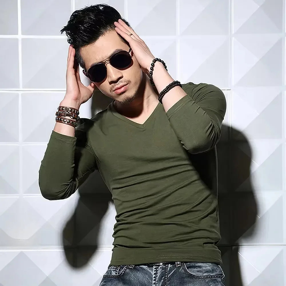 Men's T-Shirts Long Sleeve V Neck T Shirt 2025 MRMT Men Polyester T-Shirt Solid Color Slim Tight Man T Shirt For Male