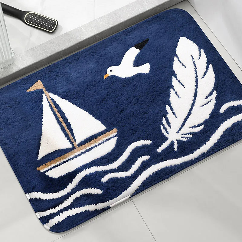 Blue sailboat shower room, small carpet, toilet, absorbent floor mat, home decoration mat, bathroom door mat, machine washable