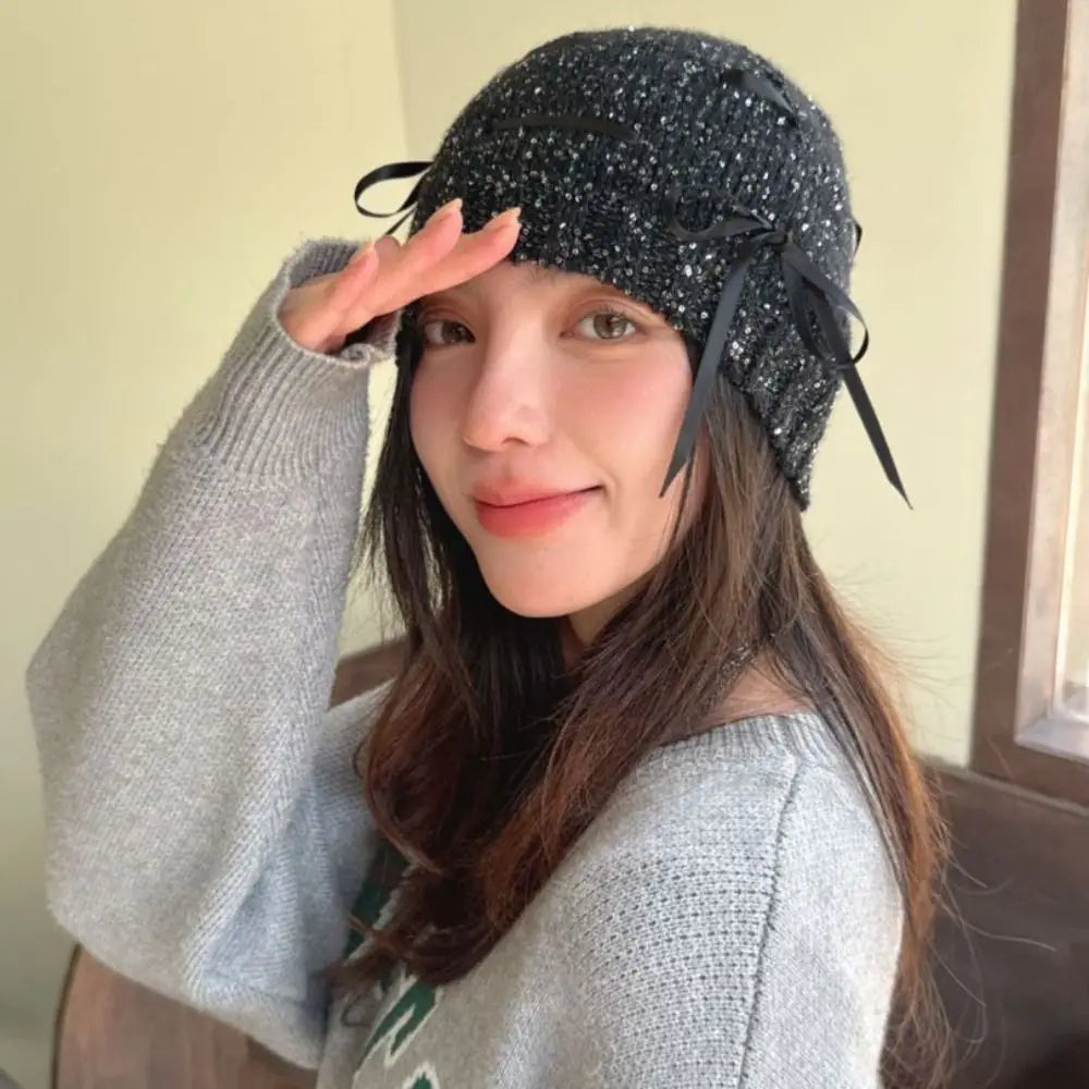 Cute Bow Bowknot Beanies Hat Warm Cap Black Sequin Knitted Hat Beanies Jennie Style Knit Cap Autumn