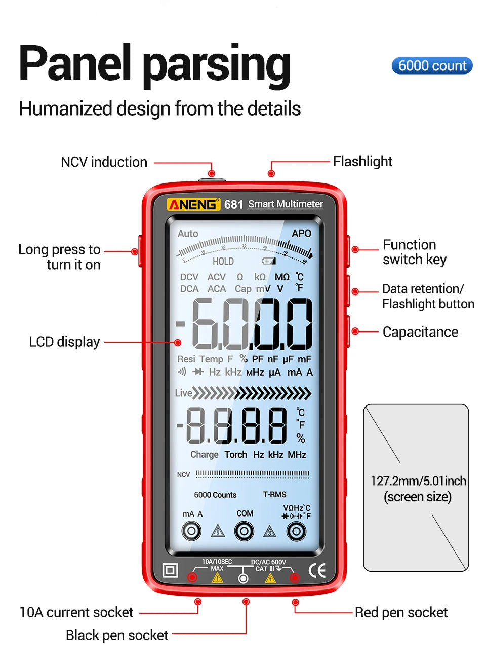 ANENG 681 Rechargable Digital Professional Multimeter Non-contact Voltage Tester AC/DC Voltage Meter LCD Screen Current Tester