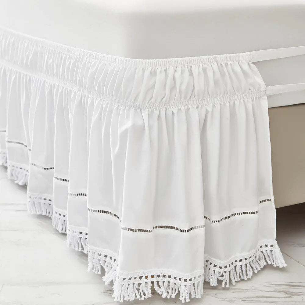 Bed Decoration Elastic White Fringed Bed Skirt Stretchable Dust-proof Under-bed Covering Skirt Ruffled Romantic Bedspread Inn