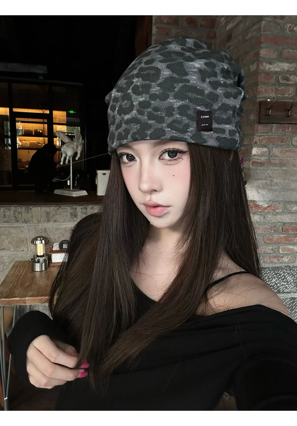 Y2K Retro Leopard Print Patch Beanies for Women Spring and Autumn Travel Casual Versatile Show Face Small Elegant Pullover Hat