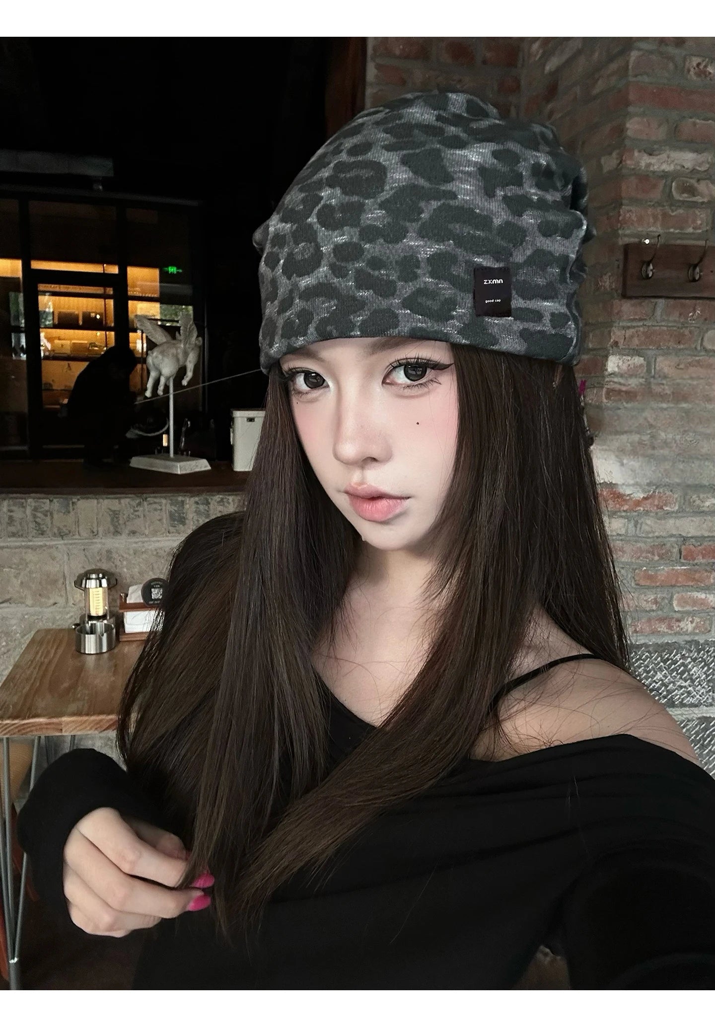 Y2K Retro Leopard Print Patch Beanies for Women Spring and Autumn Travel Casual Versatile Show Face Small Elegant Pullover Hat