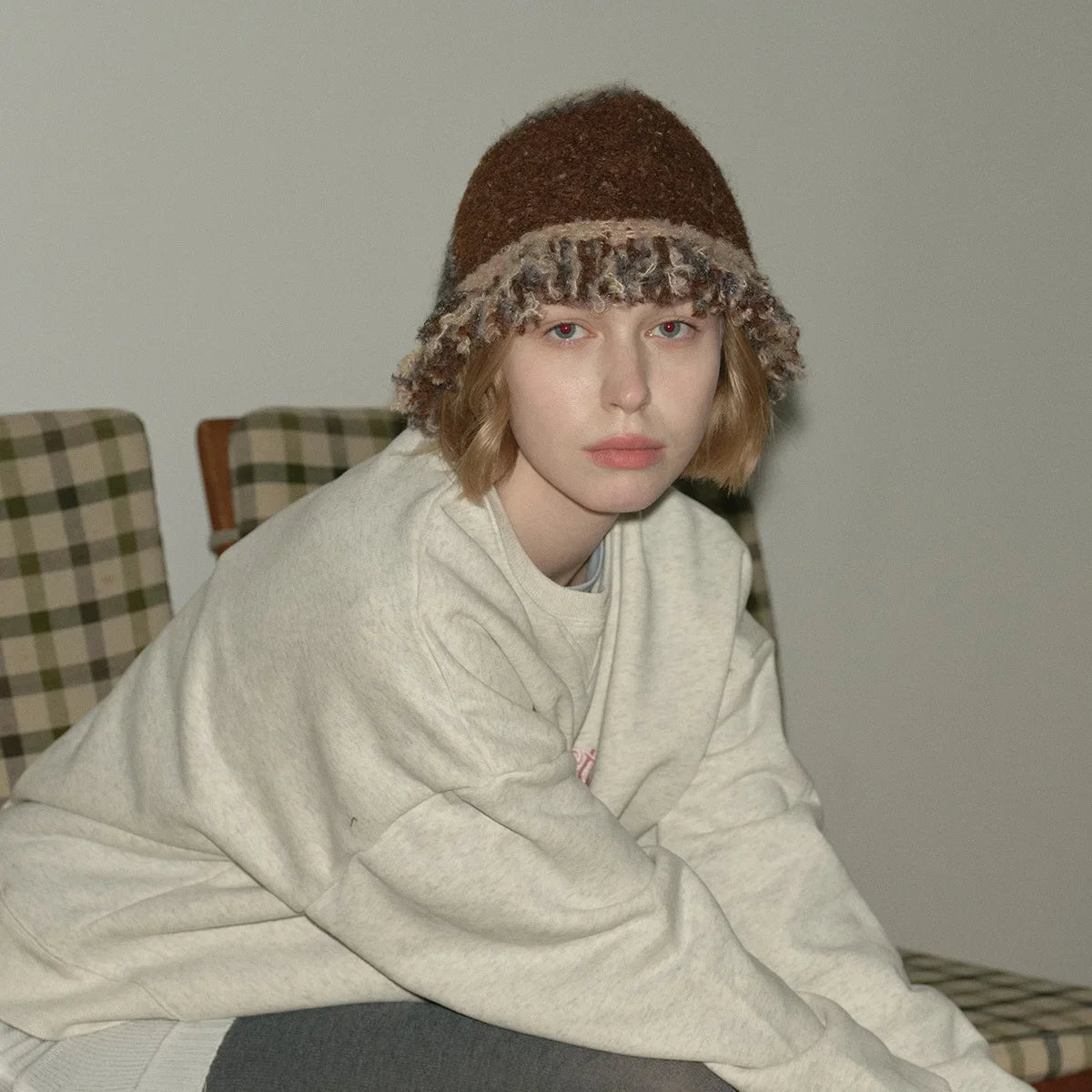 INS Color-Blocked Striped Knitted Plush Woolen Fisherman Hats for Women Fringe Lace Autumn Winter Thickened Basin Caps Bonnet