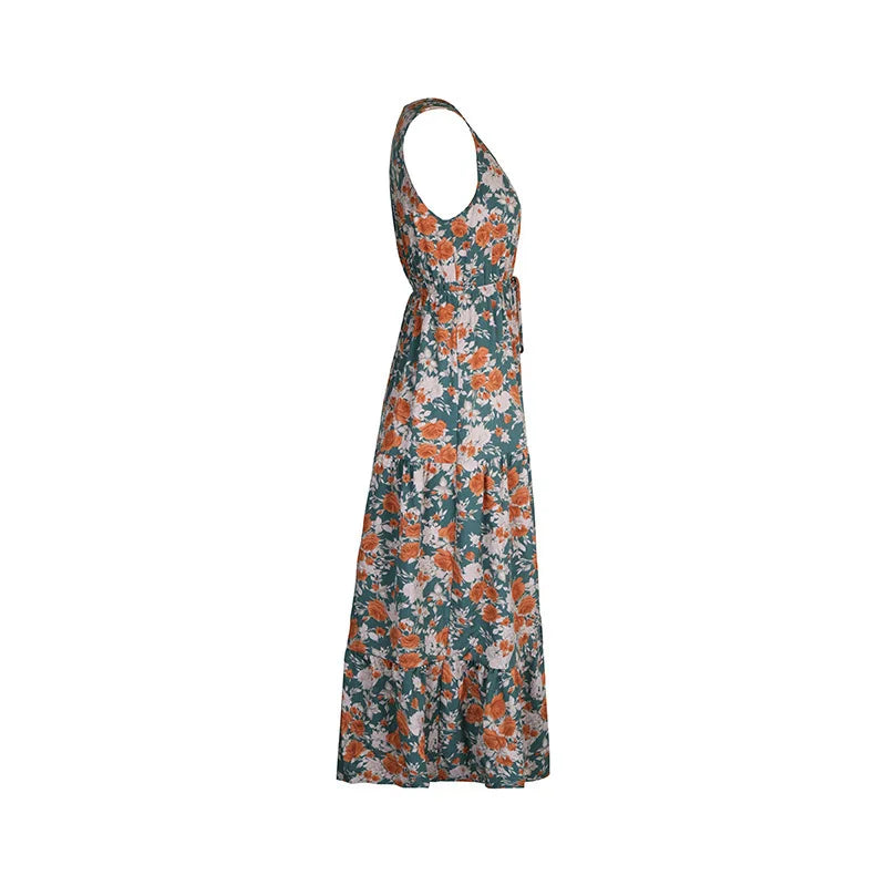 Elegant Floral Print Dress For Women Fashion  Bohemian Style Sleeveless Button Vestidos Female Casual V-neck A-line Dresses