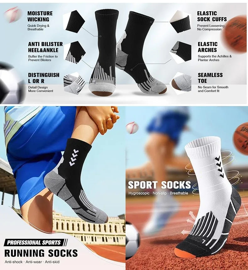 Sports Cycling Socks Breathable Anti-Slip Moisture-Wicking Football Socks Cushioned  Men Middle Tube Athletic Basketball Socks