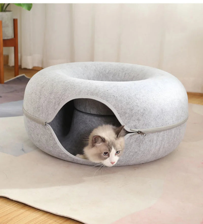 Donut Cat Bed for 2 Cats Detachable Pet Cat Tunnel Interactive Game Toy Dual-use Felt Indoor Kitten Sports Equipment Cat Supplie