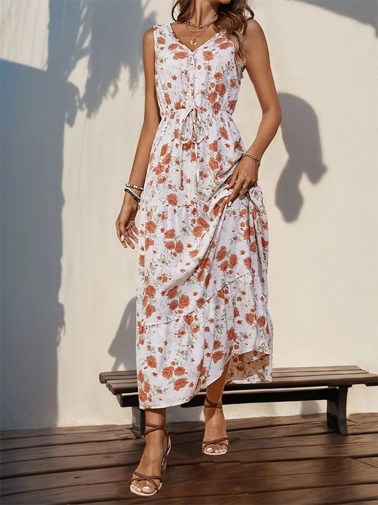 Elegant Floral Print Dress For Women Fashion  Bohemian Style Sleeveless Button Vestidos Female Casual V-neck A-line Dresses