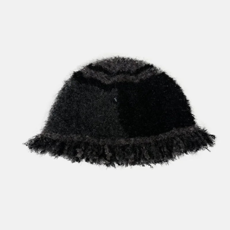 INS Color-Blocked Striped Knitted Plush Woolen Fisherman Hats for Women Fringe Lace Autumn Winter Thickened Basin Caps Bonnet