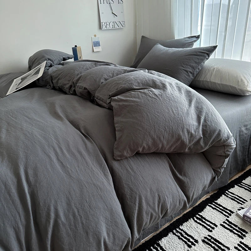 Bed Linen Solid Cotton Bedding Set with Sheet Duvet Cover Pillowcases Single Couple Bedsheet King Queen Double Twin Size