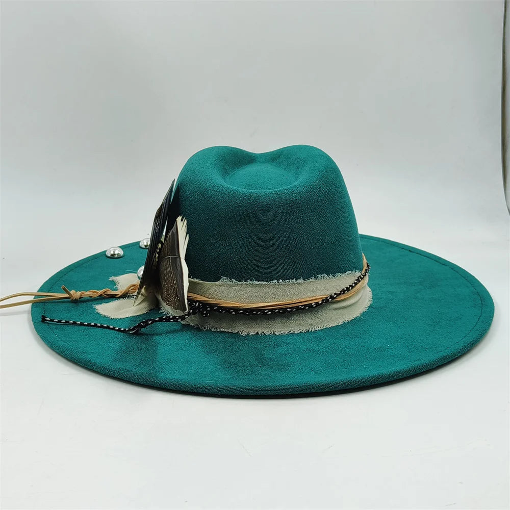Retro Men's Suede Hats Wide Brim Feather Felt Fedoras Women's Hats Church Jazz Hats Panama Cowboy Hats Wholesale sombrero hombre