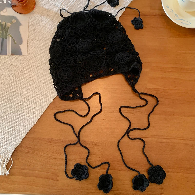 Handmade Hollowed Flower Fringed Knitted Hats for Women Spring and Summer Travel Photo Versatile Casual Retro Beanies Cap