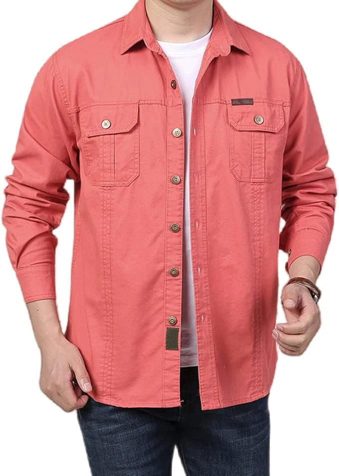 Men's Long Sleeve Cargo Shirt Casual Cotton Shirts Spring Autumn Button Down Pockets Sports Military Hiking Camping Shirt