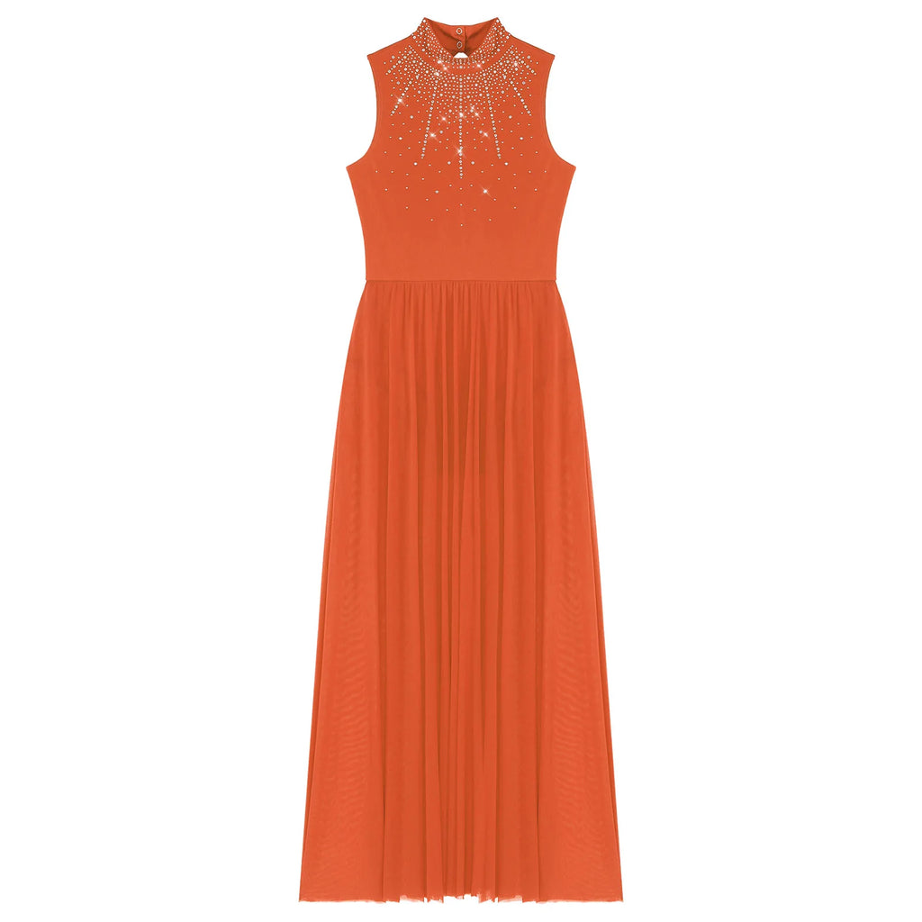Womens Lyrical Dance Dresses Mock Neck Wide Hemline Shiny Rhinestones Maxi Dress Sleeveless Modern Contemporary Leotard Dresses