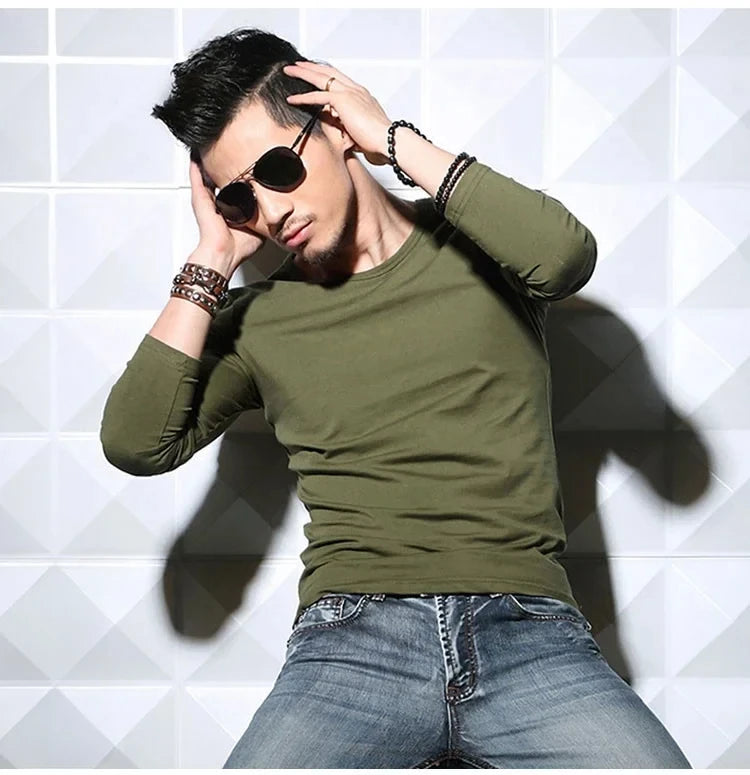 Men's T-Shirts Long Sleeve V Neck T Shirt 2025 MRMT Men Polyester T-Shirt Solid Color Slim Tight Man T Shirt For Male