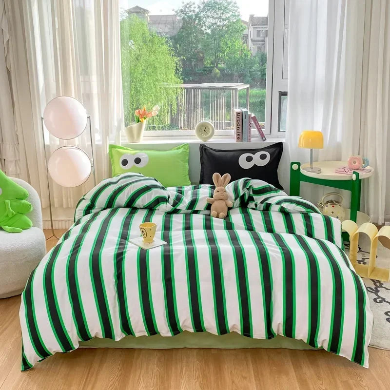 New Cartoon Striped Printed Bedding Sets Aloe Cotton Skin Friendly Breathable Comforter Cover Set Twin Double Size Bed Linens
