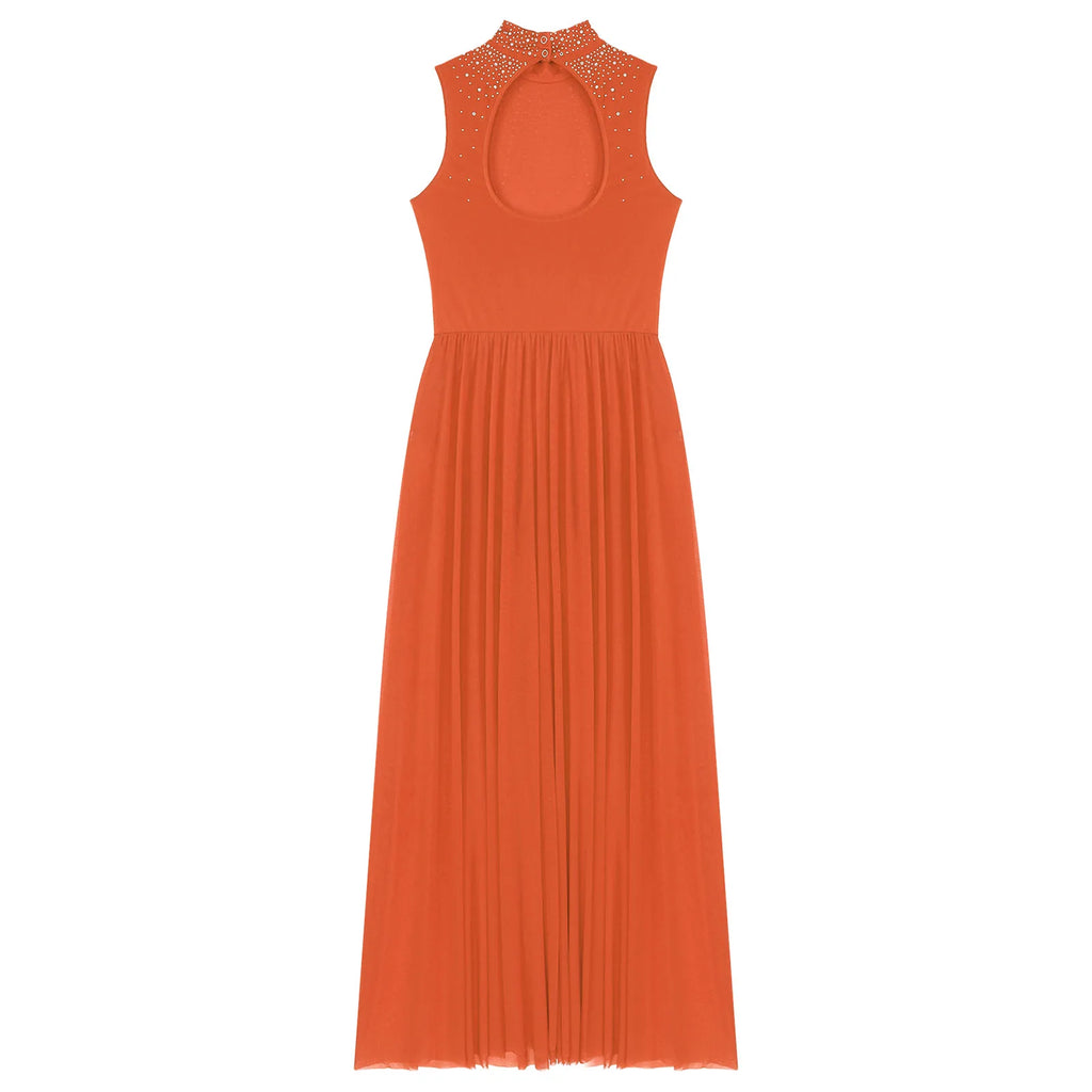 Womens Lyrical Dance Dresses Mock Neck Wide Hemline Shiny Rhinestones Maxi Dress Sleeveless Modern Contemporary Leotard Dresses
