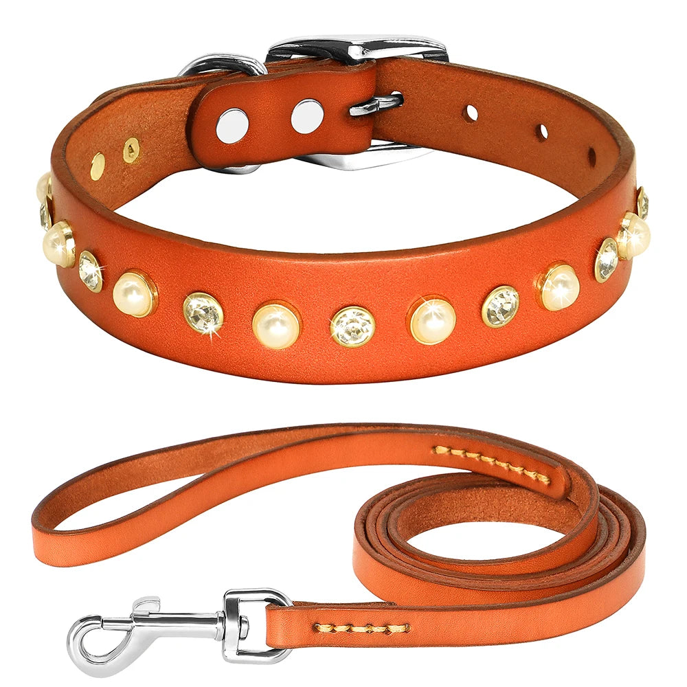 Genuine Leather Small Medium Dog Cat Collar Adjustable Rhinestone Diamond Accessories Pet Puppy Collars Leash Set For Chihuahua