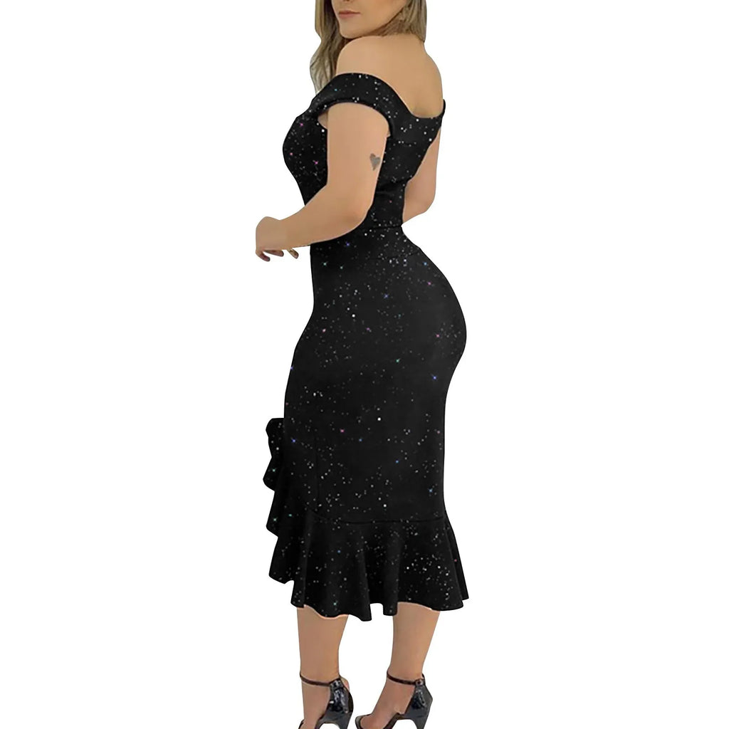 Women's Sexy party dresses Fashion Elegant dress  Off Shoulder Sequin Ruffle Irregular Dresses Masquerade Evening Dress vestidos