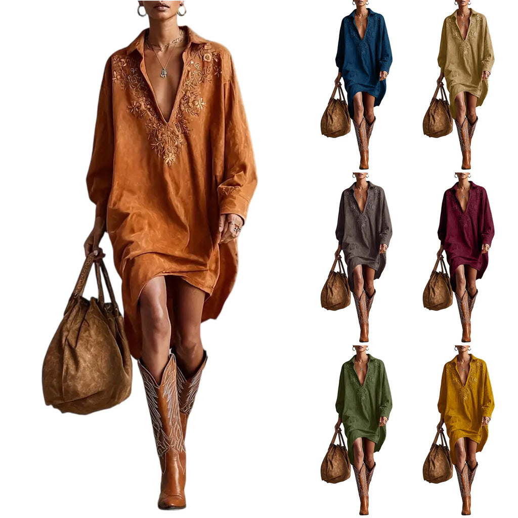 Dresses Womens Shirt Dress Terracotta Suede Embroidered High-Low Puff-Sleeve Bohemian Stylish Outfit Daily 2026 Trendy Vestido