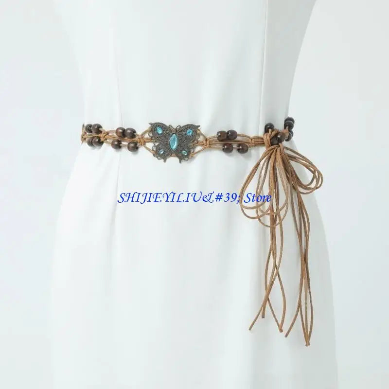 E21F Brown Belt with Beads Butterflies Vintage Tassel Cotton Rope Waist Chain Woven Waist Belts for Dress Party Dance Show