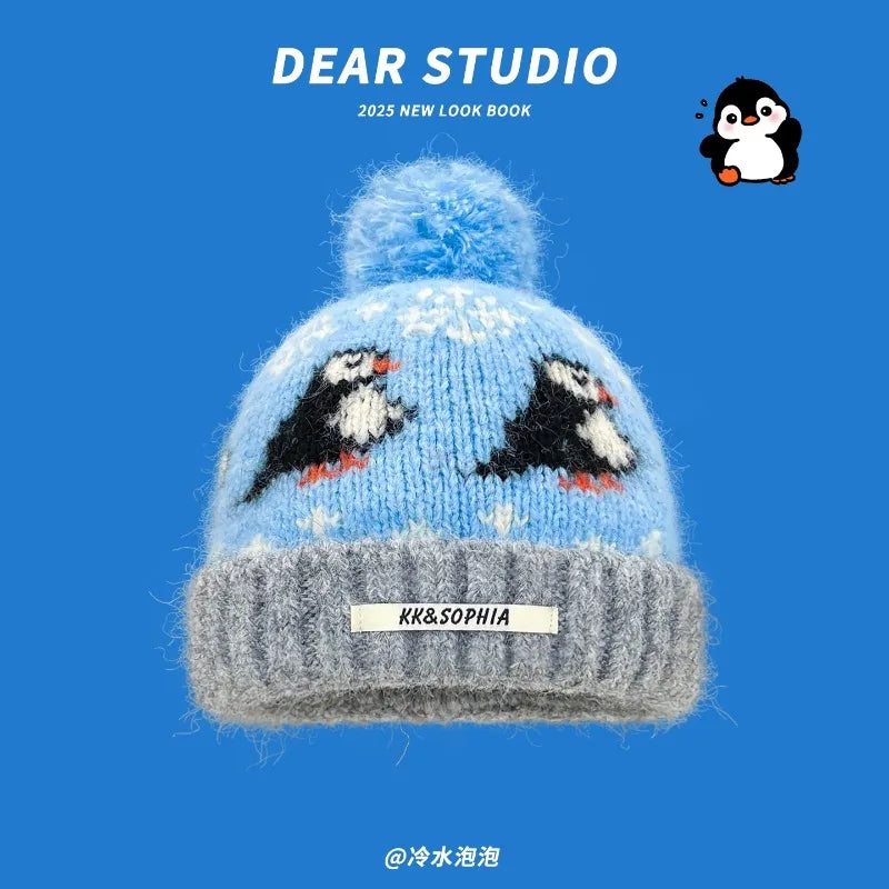 Cute Cartoon Jacquard Knitted Beanies for Women Winter Warm Ear Protection Versatile Show Face Small Retro Pom-pom Pullover Hat