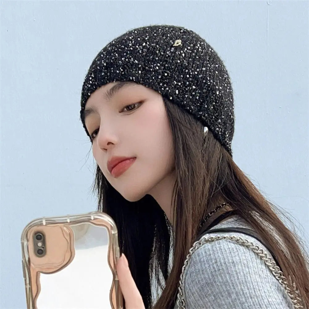 Cute Bow Bowknot Beanies Hat Warm Cap Black Sequin Knitted Hat Beanies Jennie Style Knit Cap Autumn