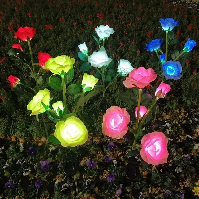 Garden Ground Light Solar Lawn Lamp LED Artificial 5 Head Rose Flower Holiday Summer Wedding Party Outdoor Yard Patio Decoration