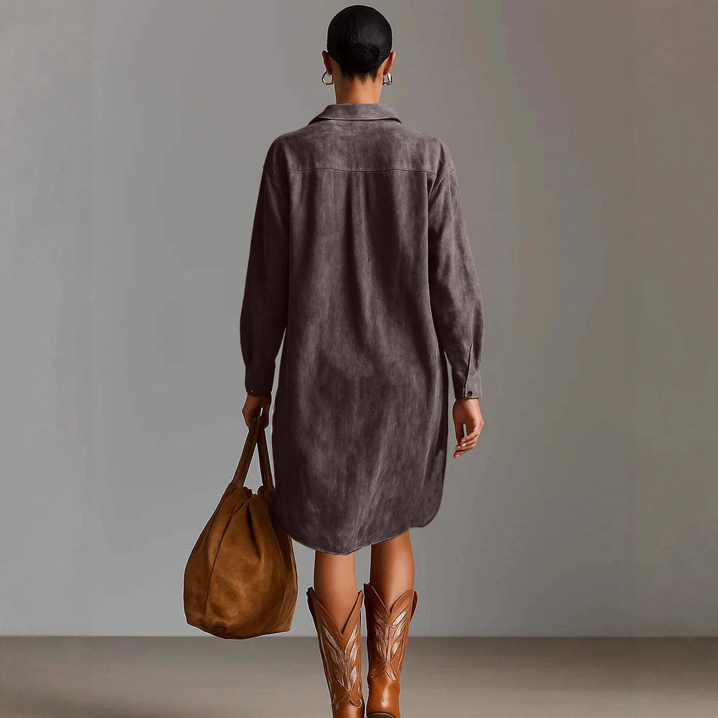 Dresses Womens Shirt Dress Terracotta Suede Embroidered High-Low Puff-Sleeve Bohemian Stylish Outfit Daily 2026 Trendy Vestido