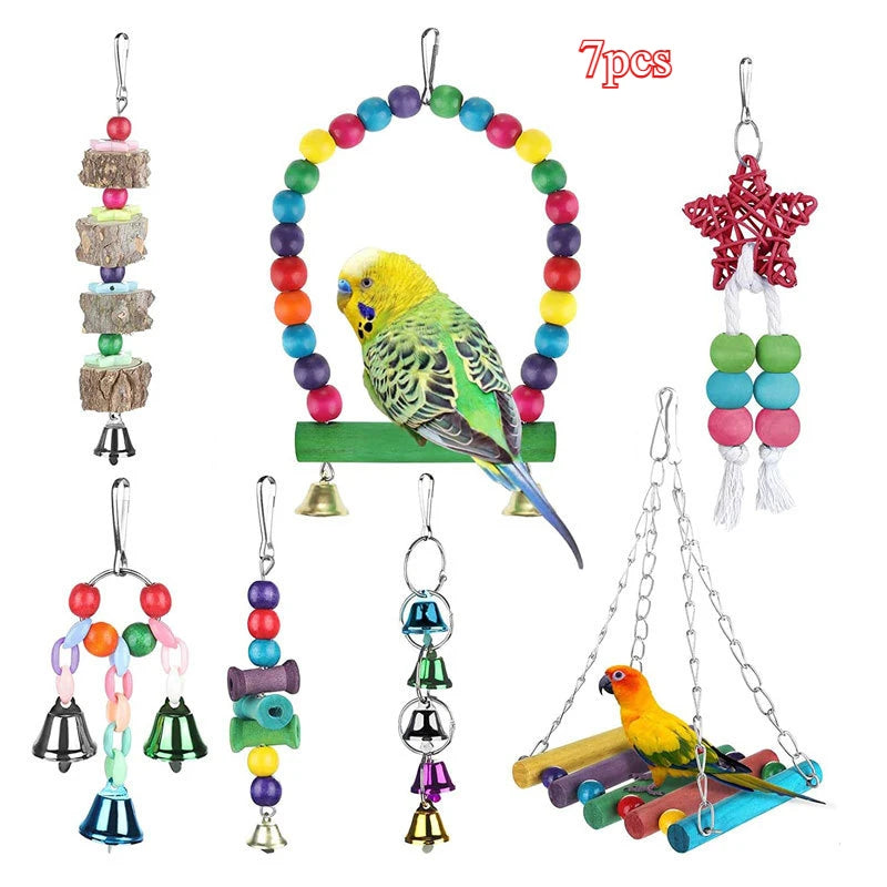 Bird Toy Wood Parrot Toys Set Cage Bird Accessories Swing Suspension Bridge Ball Cage Bells Pet Supplies juguetes para pájaros