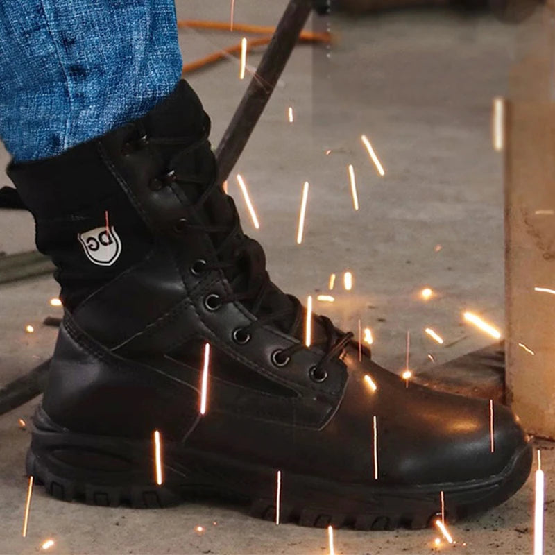 Black High top leather boots Men Indestructible shoes Anti-smash Anti puncture Work Boots Safety Shoes Men Boots Protection Shoe