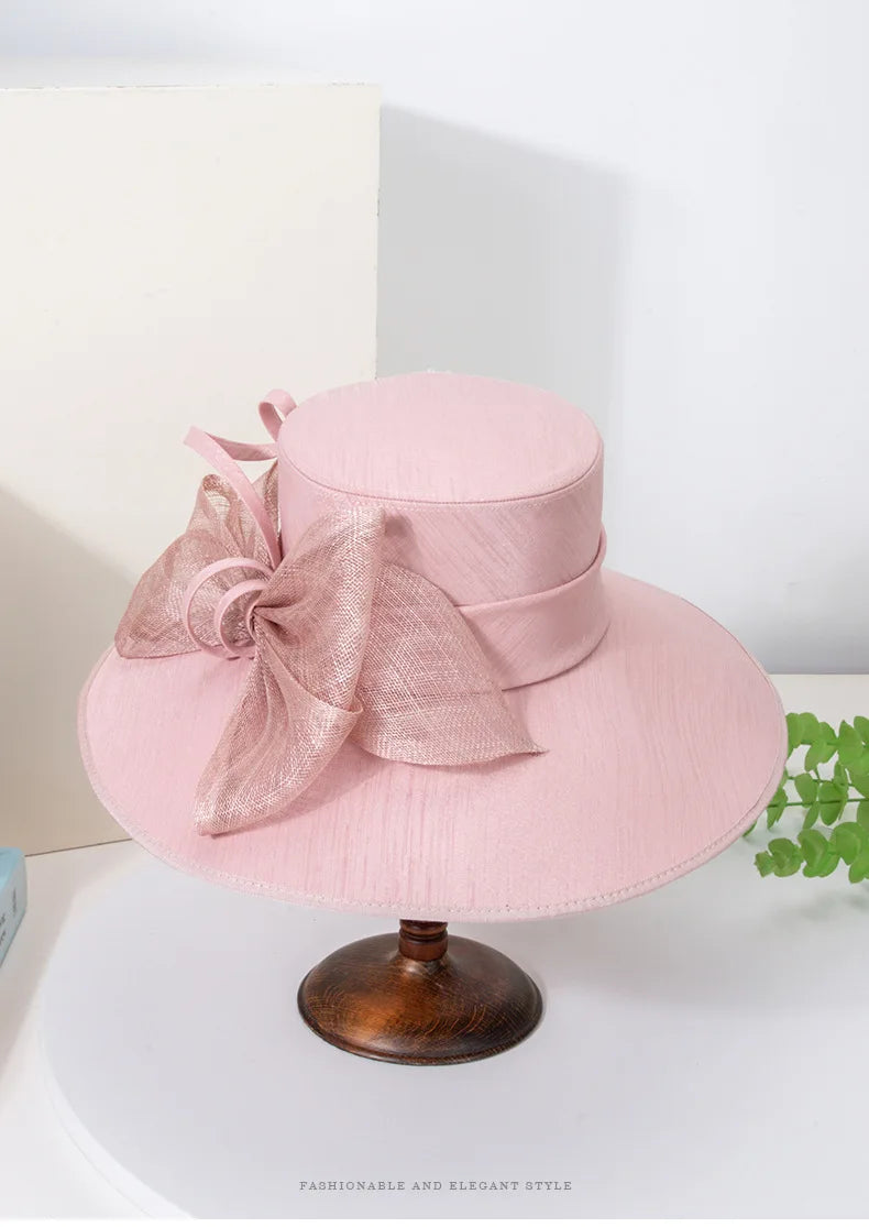 Elegant Wide Brim Black Hats For Women Big Bow Formal Occasion Kentucky Cap Lady Wedding Cocktail Party Flat Top Fedoras 2025