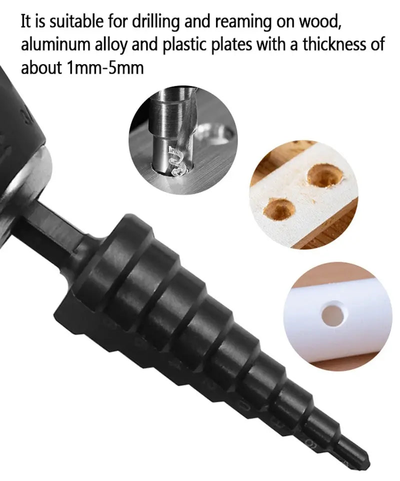 3Pcs HSS Straight Groove Step Drill Bit 3-12mm 4-12mm 4-20mm Nitride Black Hex Wood Metal Hole Cutter Core Drilling Tools Set