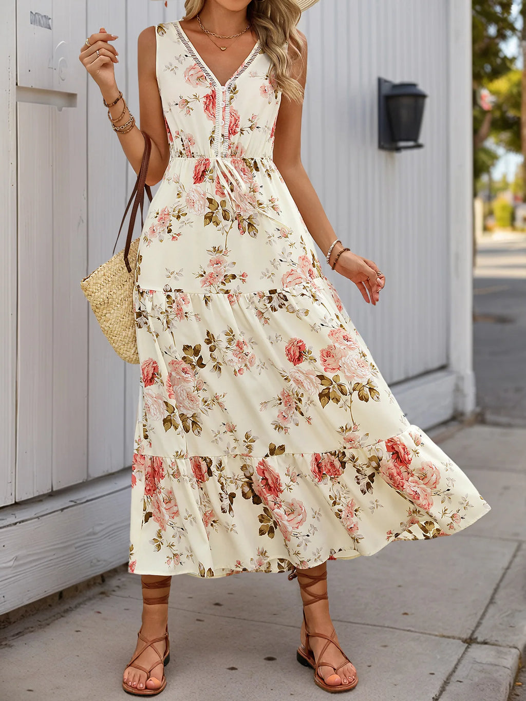 Elegant Floral Print Dress For Women Fashion  Bohemian Style Sleeveless Button Vestidos Female Casual V-neck A-line Dresses