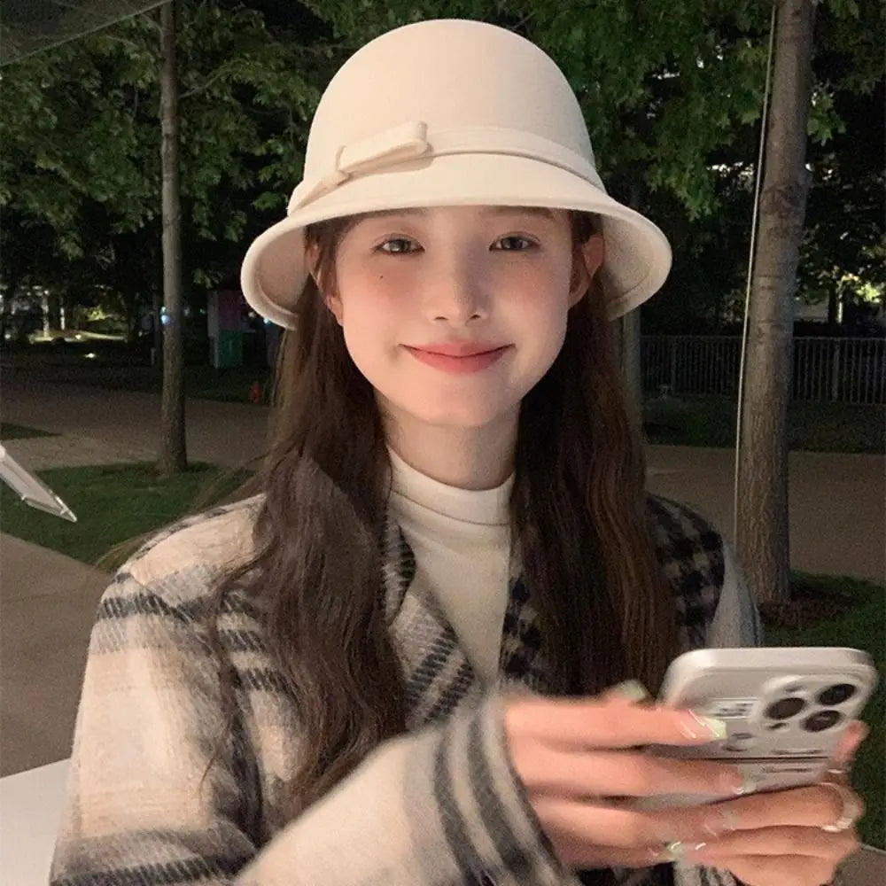 Retro Hepburnesque Felt Formal Hat Wealthy Heiress Style British Style Bowknot Bucket Hat Panama Cap Autumn