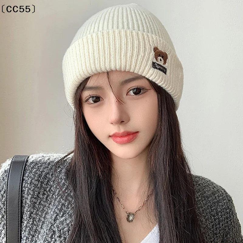 Bear Embroidery Knitted Beanies  Women Autumn Winter Warm Wool Hat Korean Girl Windproof Earmuffs Pullover Cap Bonnet〔CC55〕
